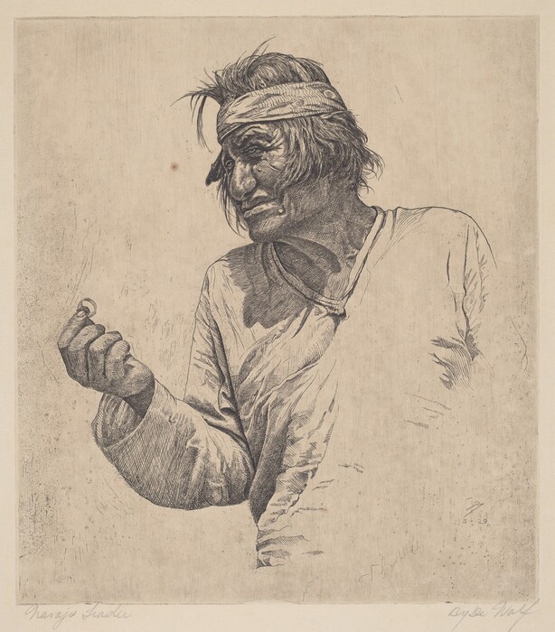 The image shows an older individual facing slightly left, standing with their left arm raised and bent at the elbow. They are holding a small object between their thumb and index finger. The person has prominent facial features, deep lines, and a pensive expression. Their hair is dark and somewhat tousled, with a bandana wrapped around their head. They wear a loose-fitting, long-sleeved garment with visible folds and texture. In the background is a plain, textured surface with no distinct features, serving as a neutral backdrop.