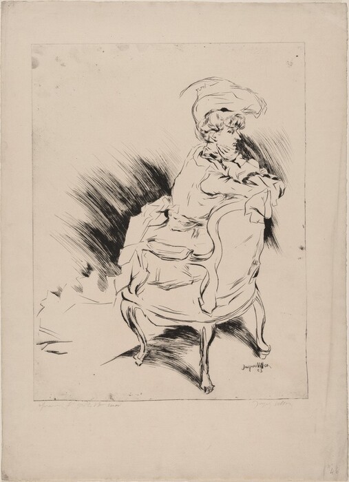 The image depicts a person seated on a chair, facing slightly to the right. Their facial features include a prominent nose, with the suggestion of a serene expression. The individual's hair is styled up, possibly under a hat with a decorative plume. They are wearing a flowing garment, and are seated in an ornate chair. The background is minimal.