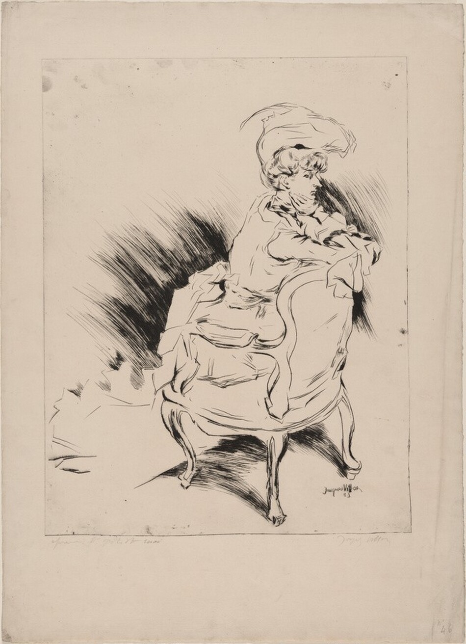 The image depicts a person seated on a chair, facing slightly to the right. Their facial features include a prominent nose, with the suggestion of a serene expression. The individual's hair is styled up, possibly under a hat with a decorative plume. They are wearing a flowing garment, and are seated in an ornate chair. The background is minimal.