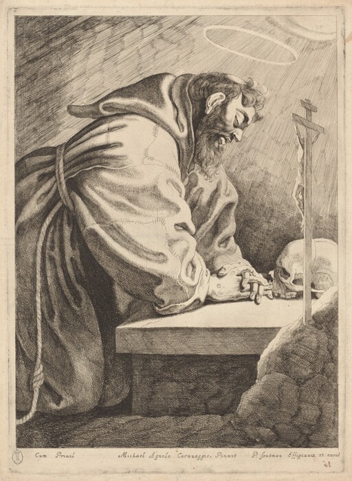 The image shows a person kneeling and leaning forward at a stone slab with a human skull on it. The individual has a solemn facial expression with defined features, including a prominent brow, full beard, thick and somewhat curly hair, and is wearing a robe with loose sleeves, a rope belt, and a halo above their head. The background is dark and textured, with light rays shining on the person. A crucifix partially overlaps the skull to the right.