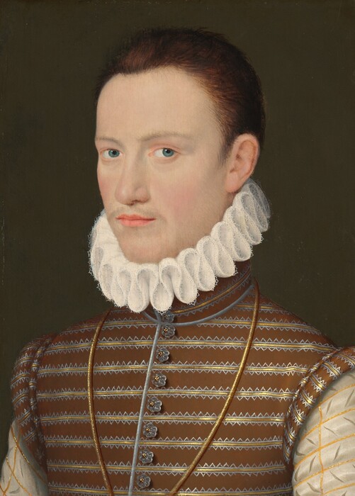 Shown from the chest up, a pale-skinned man wearing a ruffled collar and ornately decorated doublet looks at us from the corners of his eyes in this vertical portrait painting. His shoulders and face angle to our left, but he gazes steadily our way with bright blue eyes under low, thin brows. He has a straight nose with a rounded tip, and his coral-pink lips are closed under a faint suggestion of a mustache and perhaps a beard. His short brown hair is brushed back from his high forehead, and his white collar curls in figure eights high along his chin and up the back of his neck. His doublet is brown patterned with gold horizontal stripes lined with silver zig-zags. Flower-shaped buttons lead down the front of his doublet from a high collar, and a long gold chain falls out of view below the bottom edge of the painting. His ivory-white sleeves have slashes in rows of alternating diagonals separated by gold embroidery. The background is dark ash brown.