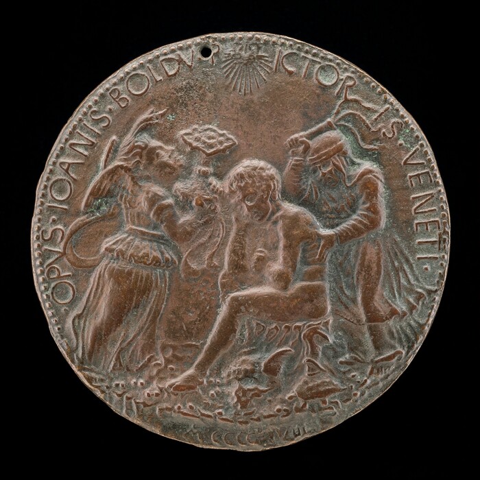 The image shows a relief on a circular medallion featuring three human figures. The central figure is seated, while the two flanking figures are standing and interacting with the central figure. The sculpture is crafted from a darkened material, likely bronze or copper, and has intricate details on the figures and edges. There is text on the edges of the medallion and a small hole at the top. The craftsmanship suggests a historical or classical theme.