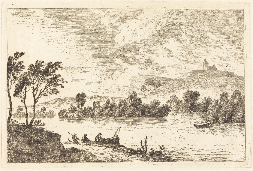 River Landscape with Figures and a Boat at Water's Edge