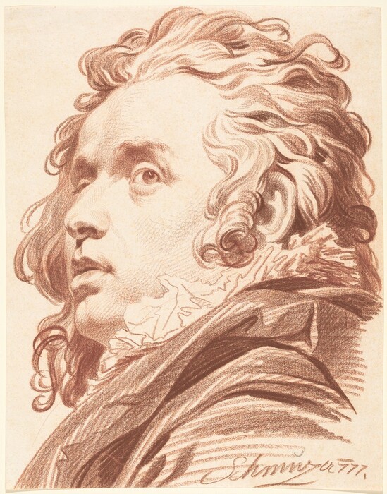 The image is a detailed drawing of a person from the shoulders up, capturing their head and face prominently. The person is in a semi-profile view, with their head slightly turned to the side and their gaze directed upward. The individual has distinct facial features, including a strong jawline and slightly parted lips. Their hair is voluminous and wavy, cascading around their head with loose curls. The person is wearing a garment with a high, ruffled collar. The drawing is rendered in shades of brown, with fine lines and shading. The background is a plain, uncluttered surface.