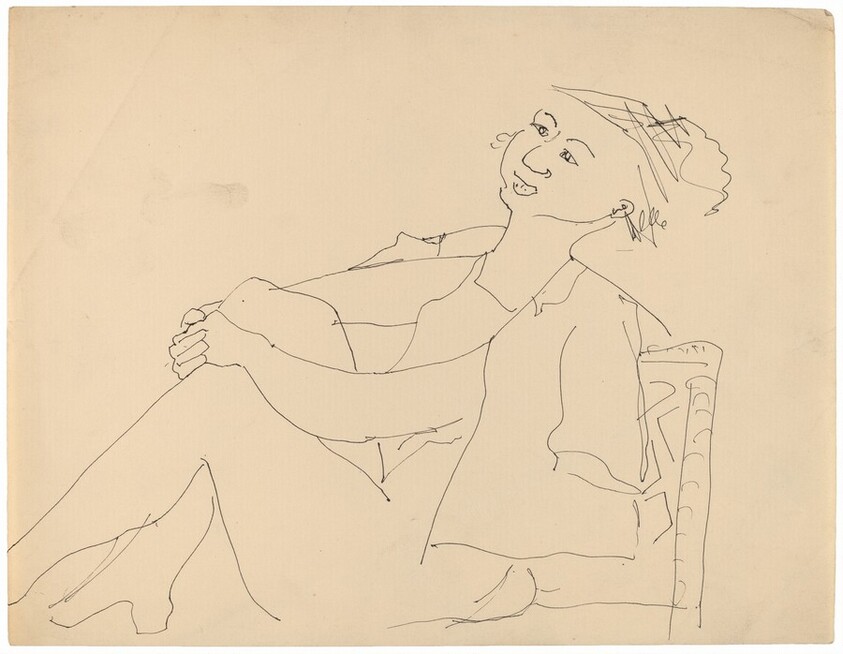 Seated Female with Hat, Shirt Draped on Shoulders, Hugging Right Knee