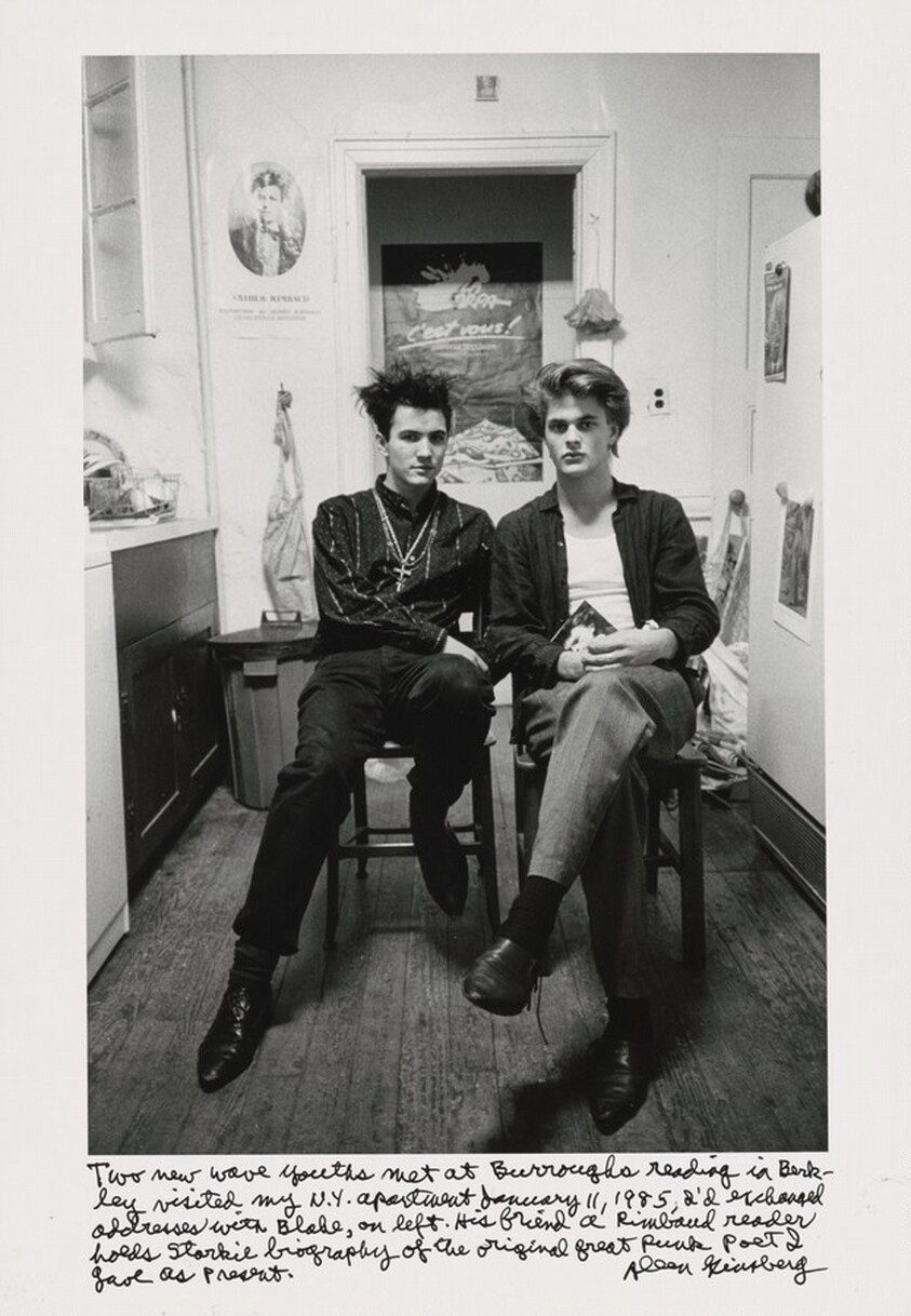 Two new wave youths met at Burroughs reading in Berkeley visited my N.Y. apartment January 11, 1985, I'd exchanged addresses with Blake, on left. His friend a Rimbaud reader holds Starkie biography of the original great punk poet I gave as present.