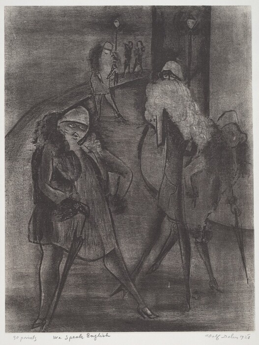 This is a drawing of an urban street scene at night. Figures with exaggerated features occupy a dimly lit street corner under streetlamps. The setting is a city sidewalk, with multiple figures positioned across the composition, seemingly interacting with their environment or one another. The use of shading and contrast heightens the mysterious and somewhat surreal atmosphere, providing depth to the night scene.