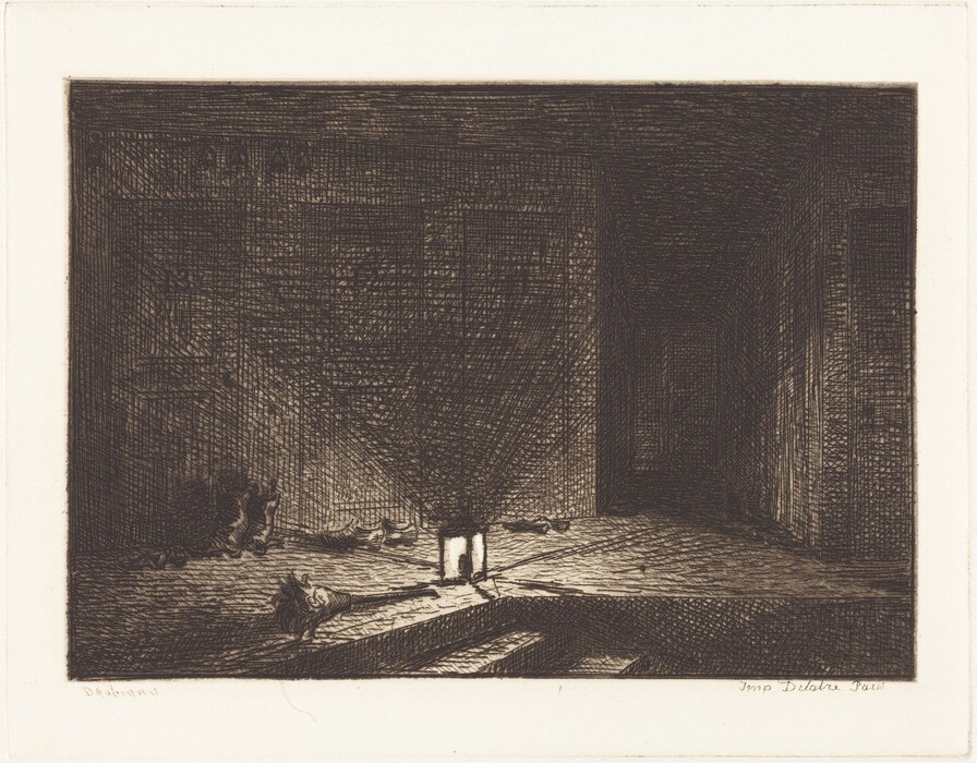 Two donkeys are standing amidst scattered objects on the ground, illuminated by a beam of light streaming in through an open doorway. The color palette is monochromatic, consisting primarily of dark shades with lighter highlights to suggest light and shadow. The donkeys are positioned towards the left and center of the image, with the doorway shining light from the right side, creating a contrast in the lower left area of the space.