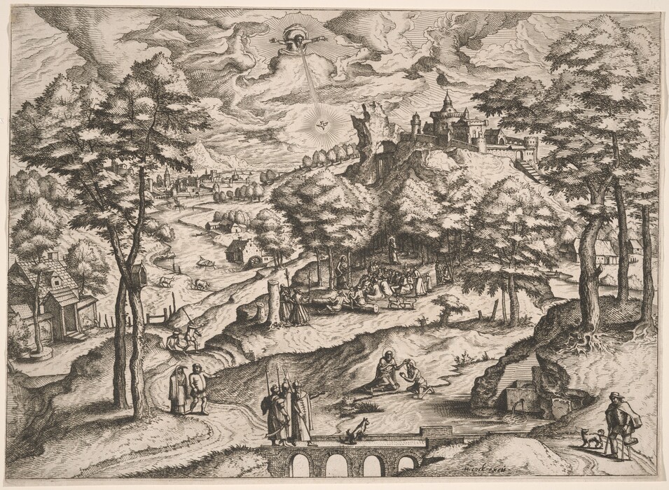 The image displays a detailed landscape with a low horizon, featuring a distant town with multiple buildings and a castle on a hill. The scene includes a bridge over a stream, figures walking, trees, rustic buildings, and people engaged in various activities under trees. The sky has swirling clouds and a central divine figure. The artwork shows intricate engravings with careful craftsmanship in a monochrome color palette of black, white, and gray.