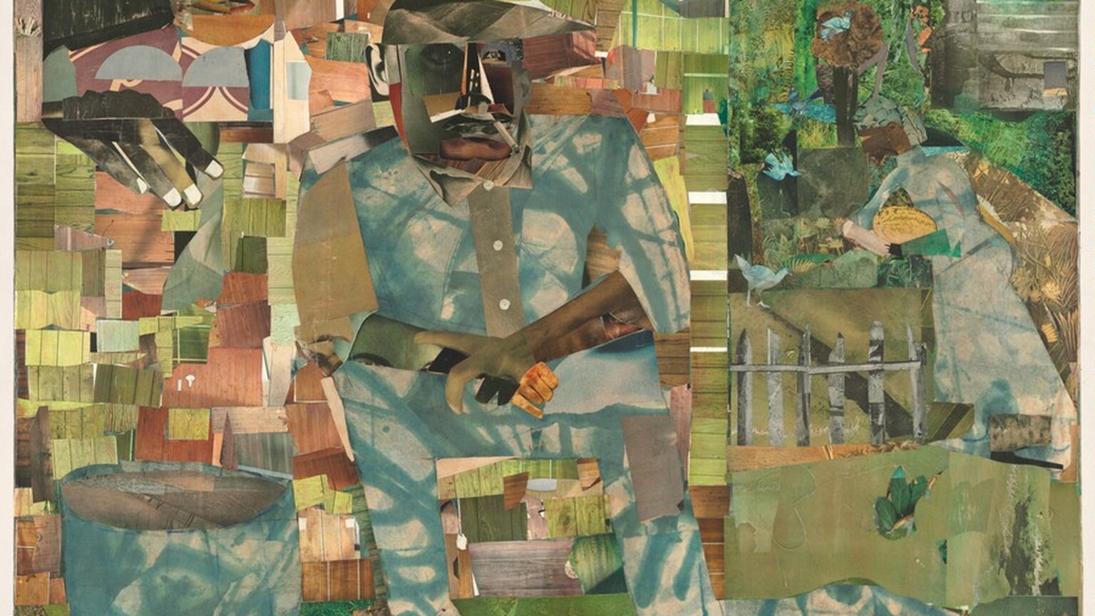 Made with mostly square or rectangular pieces of patterned paper in shades of asparagus and moss green, sky blue, tan, and ash brown, a man with brown skin sits in the center of this horizontal composition with a second person over his shoulder, in the upper left corner of this collage. The man’s facial features are a composite of cut-outs, mostly in shades of brown and gray, as if from black-and white photographs, and he smokes a cigarette. He sits with his body angled slightly to our right and he looks off in that direction, elbows resting on thighs and wrists crossed. His button-down shirt and pants, similarly collaged, are mottled with sky blue and white. One foot, on our right, is created with a cartoonish, shoe-shaped, black silhouette. The paper used for the other foot seems to have been scraped and scratched, creating the impression that that foot is bare. A tub, made of the same blue and white paper of the man’s suit, sits on the ground to our left, in the lower corner. The man sits in front of an expanse made up of green and brown pieces of paper patterned with wood grain, which could be a cabin. In a window in the upper left, a woman’s face, her features similarly collaged, looks out at us. One dark hand, large in relation to the people, rests on the sill with the fingers extended down the side of the house. The right third of the composition is filled collaged scraps of paper patterned to resemble leafy trees. Closer inspection reveals the form of a woman, smaller in scale than the other two, standing in that zone, facing our left in profile near a gray picket fence. She has a brown face, her hair wrapped in a patterned covering, and she holds a watermelon-sized, yellow fruit with brown stripes. Several blue birds and a red-winged blackbird fly and stand nearby. Above the woman and near the top of the composition, a train puffs along the top of what we read as the tops of trees. The artist signed the work in black letters in the upper right corner: “romare bearden.”