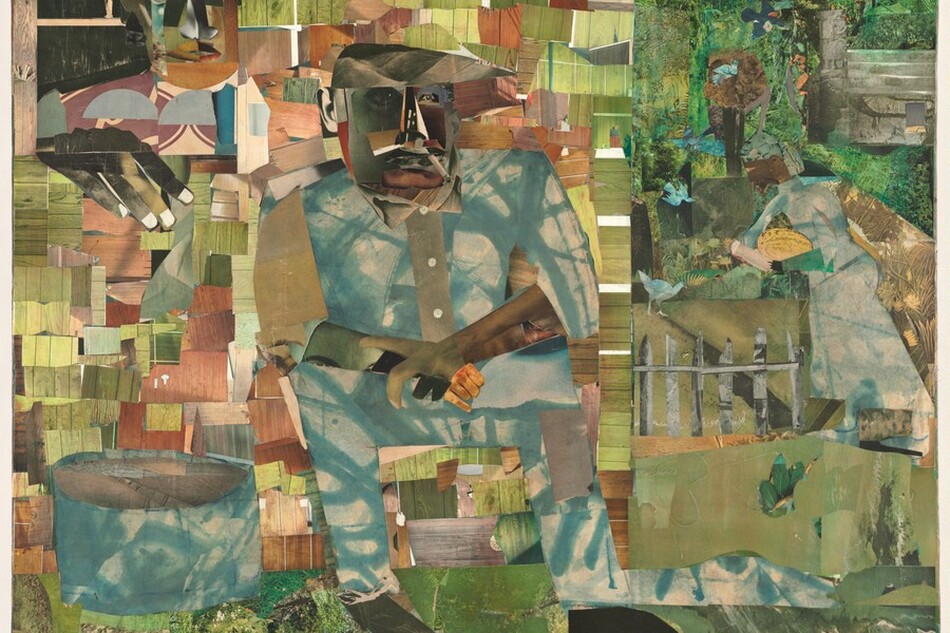 Made with mostly square or rectangular pieces of patterned paper in shades of asparagus and moss green, sky blue, tan, and ash brown, a man with brown skin sits in the center of this horizontal composition with a second person over his shoulder, in the upper left corner of this collage. The man’s facial features are a composite of cut-outs, mostly in shades of brown and gray, as if from black-and white photographs, and he smokes a cigarette. He sits with his body angled slightly to our right and he looks off in that direction, elbows resting on thighs and wrists crossed. His button-down shirt and pants, similarly collaged, are mottled with sky blue and white. One foot, on our right, is created with a cartoonish, shoe-shaped, black silhouette. The paper used for the other foot seems to have been scraped and scratched, creating the impression that that foot is bare. A tub, made of the same blue and white paper of the man’s suit, sits on the ground to our left, in the lower corner. The man sits in front of an expanse made up of green and brown pieces of paper patterned with wood grain, which could be a cabin. In a window in the upper left, a woman’s face, her features similarly collaged, looks out at us. One dark hand, large in relation to the people, rests on the sill with the fingers extended down the side of the house. The right third of the composition is filled collaged scraps of paper patterned to resemble leafy trees. Closer inspection reveals the form of a woman, smaller in scale than the other two, standing in that zone, facing our left in profile near a gray picket fence. She has a brown face, her hair wrapped in a patterned covering, and she holds a watermelon-sized, yellow fruit with brown stripes. Several blue birds and a red-winged blackbird fly and stand nearby. Above the woman and near the top of the composition, a train puffs along the top of what we read as the tops of trees. The artist signed the work in black letters in the upper right corner: “romare bearden.”