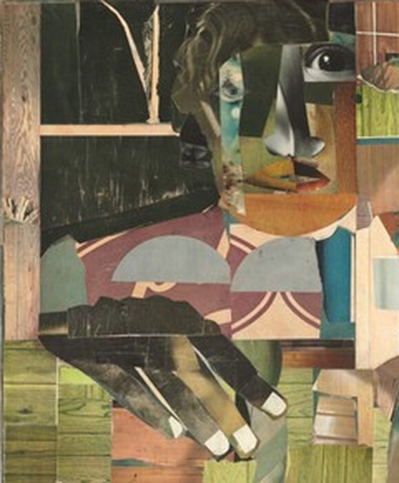 Made with mostly square or rectangular pieces of patterned paper in shades of asparagus and moss green, sky blue, tan, and ash brown, a man with brown skin sits in the center of this horizontal composition with a second person over his shoulder, in the upper left corner of this collage. The man’s facial features are a composite of cut-outs, mostly in shades of brown and gray, as if from black-and white photographs, and he smokes a cigarette. He sits with his body angled slightly to our right and he looks off in that direction, elbows resting on thighs and wrists crossed. His button-down shirt and pants, similarly collaged, are mottled with sky blue and white. One foot, on our right, is created with a cartoonish, shoe-shaped, black silhouette. The paper used for the other foot seems to have been scraped and scratched, creating the impression that that foot is bare. A tub, made of the same blue and white paper of the man’s suit, sits on the ground to our left, in the lower corner. The man sits in front of an expanse made up of green and brown pieces of paper patterned with wood grain, which could be a cabin. In a window in the upper left, a woman’s face, her features similarly collaged, looks out at us. One dark hand, large in relation to the people, rests on the sill with the fingers extended down the side of the house. The right third of the composition is filled collaged scraps of paper patterned to resemble leafy trees. Closer inspection reveals the form of a woman, smaller in scale than the other two, standing in that zone, facing our left in profile near a gray picket fence. She has a brown face, her hair wrapped in a patterned covering, and she holds a watermelon-sized, yellow fruit with brown stripes. Several blue birds and a red-winged blackbird fly and stand nearby. Above the woman and near the top of the composition, a train puffs along the top of what we read as the tops of trees. The artist signed the work in black letters in the upper right corner: “romare bearden.”