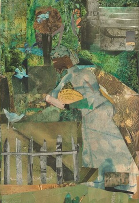 Made with mostly square or rectangular pieces of patterned paper in shades of asparagus and moss green, sky blue, tan, and ash brown, a man with brown skin sits in the center of this horizontal composition with a second person over his shoulder, in the upper left corner of this collage. The man’s facial features are a composite of cut-outs, mostly in shades of brown and gray, as if from black-and white photographs, and he smokes a cigarette. He sits with his body angled slightly to our right and he looks off in that direction, elbows resting on thighs and wrists crossed. His button-down shirt and pants, similarly collaged, are mottled with sky blue and white. One foot, on our right, is created with a cartoonish, shoe-shaped, black silhouette. The paper used for the other foot seems to have been scraped and scratched, creating the impression that that foot is bare. A tub, made of the same blue and white paper of the man’s suit, sits on the ground to our left, in the lower corner. The man sits in front of an expanse made up of green and brown pieces of paper patterned with wood grain, which could be a cabin. In a window in the upper left, a woman’s face, her features similarly collaged, looks out at us. One dark hand, large in relation to the people, rests on the sill with the fingers extended down the side of the house. The right third of the composition is filled collaged scraps of paper patterned to resemble leafy trees. Closer inspection reveals the form of a woman, smaller in scale than the other two, standing in that zone, facing our left in profile near a gray picket fence. She has a brown face, her hair wrapped in a patterned covering, and she holds a watermelon-sized, yellow fruit with brown stripes. Several blue birds and a red-winged blackbird fly and stand nearby. Above the woman and near the top of the composition, a train puffs along the top of what we read as the tops of trees. The artist signed the work in black letters in the upper right corner: “romare bearden.”