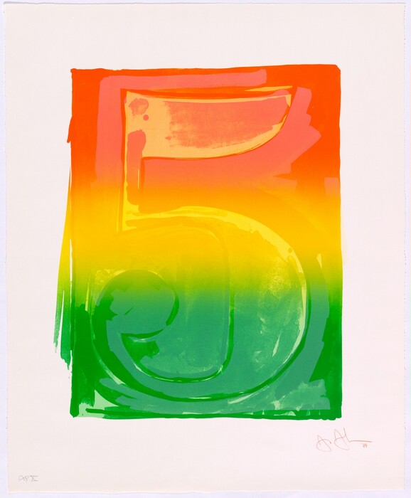 The image shows a number "5" formed by thick lines in a rectangular frame. The artwork has a gradient of warm colors transitioning from deep red at the top, through bright yellow in the middle, to rich green at the bottom.