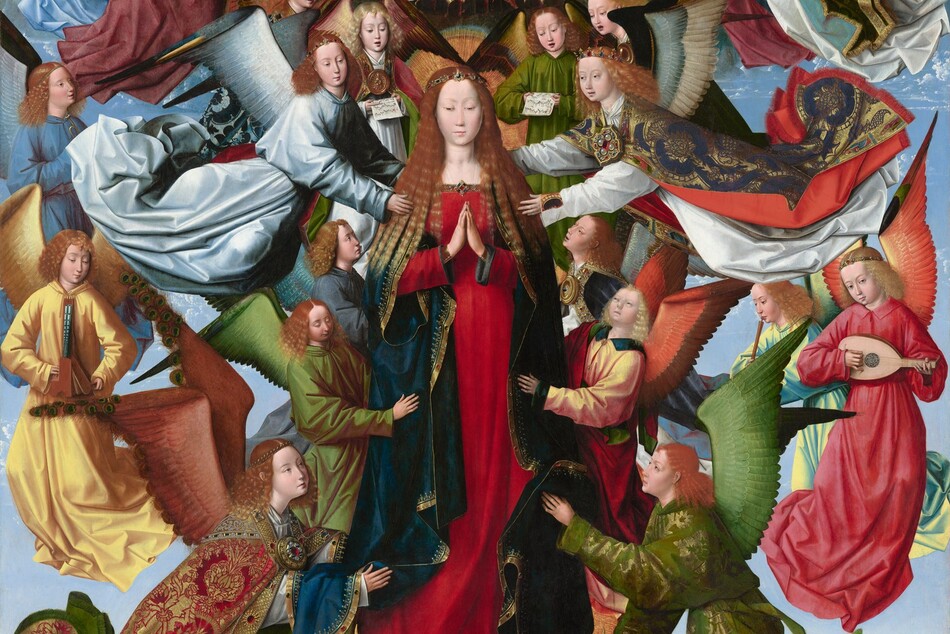 A woman wearing long robes and standing on an upturned, gold crescent moon is surrounded by twenty winged angels who lift her up, sing, or play musical instruments in this vertical painting. Below, a grassy landscape with rocky hills, a river, and buildings stretches into the distance. Along the top edge of the painting and smaller in scale, more angels surround two men sitting on a throne, holding a crown. All the people have smooth, pale skin, oval faces with small, delicate facial features, and long wavy hair. They wear fluttering, jewel-toned robes. The woman at the center, Mary, stands facing us with her eyes downcast and her hands held together in prayer. Her strawberry-blond hair lightens where her hair rests over her shoulders, and a jeweled band encircles her head. She wears a long, ruby-red dress with a jeweled neckline and navy-blue cloak trimmed with gold. Eight of the winged angels seem to lift her body, four along each side. Seven more angels float around the scene playing instruments, including a lute, a harp, recorder-like instruments, and stringed instruments, one of which resembles a violin and another a dulcimer. Along the top of the group, around Mary’s head, four angels sing, holding sheet music. In tiny letters, writing on the sheet of music to our left reads, “A ve regina celorum mr regis,” while the writing on the music to our right reads, “A Tenor ve regina.” The angels wear robes in emerald green, royal or sky blue, butter yellow, rose pink, tomato red, silver, or white, and their wings match their robes. Some of the robes are embroidered with gold and some angels wear jeweled diadems. The edges of an oval, gold halo are visible behind the angels at Mary’s head and feet. Above Mary and the angels, a scene, much smaller in scale, recedes into the distance within a ring of dark clouds. Two haloed, bearded men wearing scarlet-red robes and with shoulder-length brown hair sit on a wide throne covered with a black and gold brocade cloth. The man to our left is bareheaded and the man to our right has a tall, blue and gold crown. A white dove with wings spread hovers above a second gold crown they hold between them. More than a dozen angels surround the throne, holding up the cloth or singing. A black and red checked tile floor stretches in front of the throne. Along the bottom edge of the painting, beneath Mary and the angels, a grassy landscape with fields and trees stretches into the distance to gray castle-like structures. A river winds from the lower right between the buildings. A man rides a horse near the riverbank to our right, and the shore is lined with minuscule shells. To our left, a second man walks in the field, away from us toward the building, and another man crosses a short bridge over a second, smaller stream.