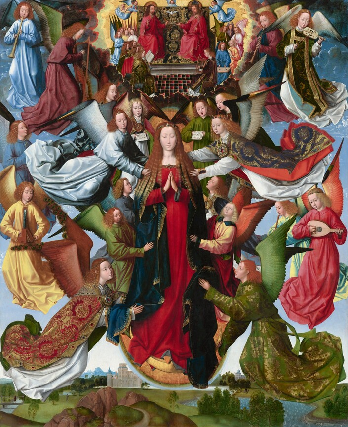 A woman wearing long robes and standing on an upturned, gold crescent moon is surrounded by twenty winged angels who lift her up, sing, or play musical instruments in this vertical painting. Below, a grassy landscape with rocky hills, a river, and buildings stretches into the distance. Along the top edge of the painting and smaller in scale, more angels surround two men sitting on a throne, holding a crown. All the people have smooth, pale skin, oval faces with small, delicate facial features, and long wavy hair. They wear fluttering, jewel-toned robes. The woman at the center, Mary, stands facing us with her eyes downcast and her hands held together in prayer. Her strawberry-blond hair lightens where her hair rests over her shoulders, and a jeweled band encircles her head. She wears a long, ruby-red dress with a jeweled neckline and navy-blue cloak trimmed with gold. Eight of the winged angels seem to lift her body, four along each side. Seven more angels float around the scene playing instruments, including a lute, a harp, recorder-like instruments, and stringed instruments, one of which resembles a violin and another a dulcimer. Along the top of the group, around Mary’s head, four angels sing, holding sheet music. In tiny letters, writing on the sheet of music to our left reads, “A ve regina celorum mr regis,” while the writing on the music to our right reads, “A Tenor ve regina.” The angels wear robes in emerald green, royal or sky blue, butter yellow, rose pink, tomato red, silver, or white, and their wings match their robes. Some of the robes are embroidered with gold and some angels wear jeweled diadems. The edges of an oval, gold halo are visible behind the angels at Mary’s head and feet. Above Mary and the angels, a scene, much smaller in scale, recedes into the distance within a ring of dark clouds. Two haloed, bearded men wearing scarlet-red robes and with shoulder-length brown hair sit on a wide throne covered with a black and gold brocade cloth. The man to our left is bareheaded and the man to our right has a tall, blue and gold crown. A white dove with wings spread hovers above a second gold crown they hold between them. More than a dozen angels surround the throne, holding up the cloth or singing. A black and red checked tile floor stretches in front of the throne. Along the bottom edge of the painting, beneath Mary and the angels, a grassy landscape with fields and trees stretches into the distance to gray castle-like structures. A river winds from the lower right between the buildings. A man rides a horse near the riverbank to our right, and the shore is lined with minuscule shells. To our left, a second man walks in the field, away from us toward the building, and another man crosses a short bridge over a second, smaller stream.