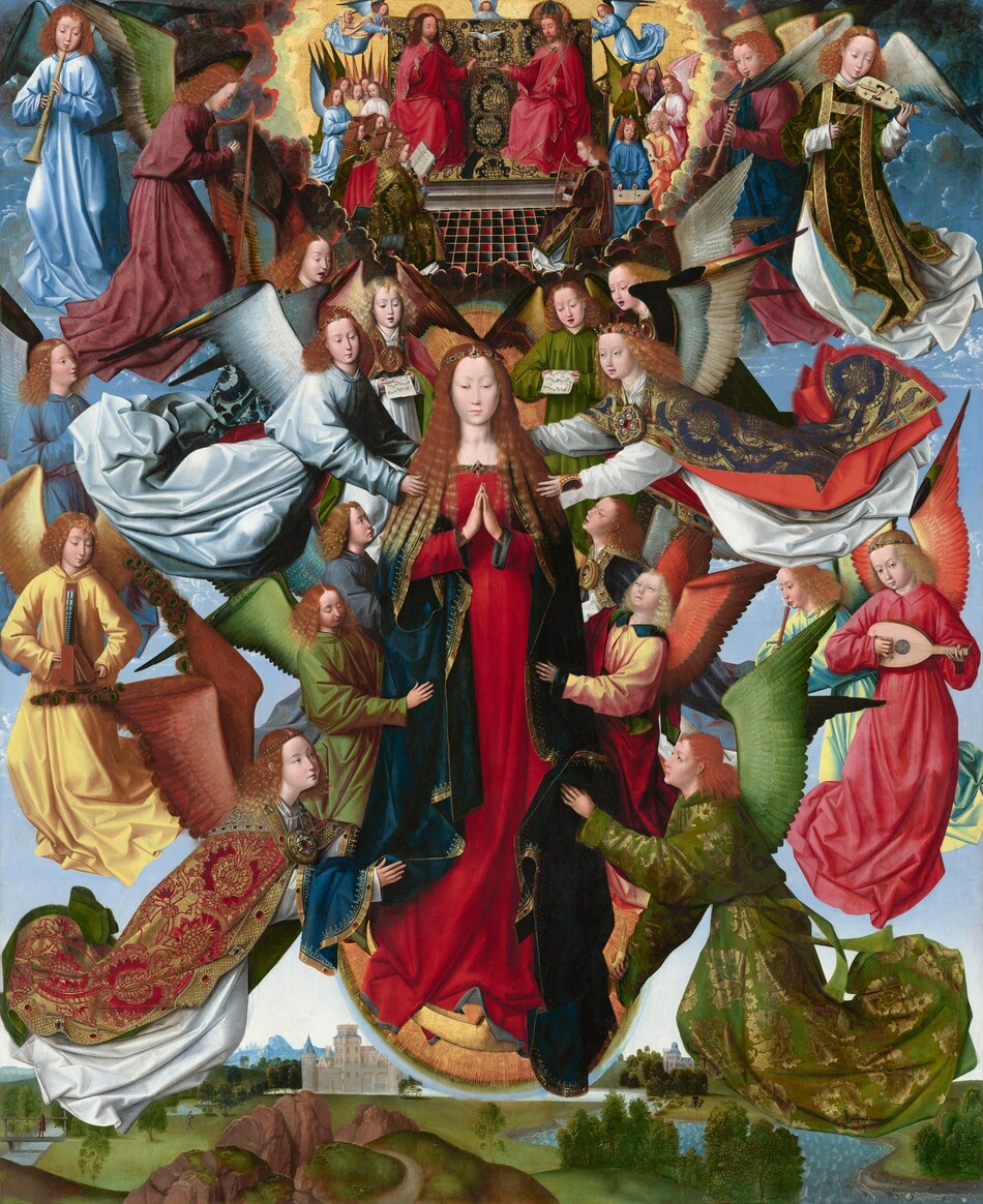 A woman wearing long robes and standing on an upturned, gold crescent moon is surrounded by twenty winged angels who lift her up, sing, or play musical instruments in this vertical painting. Below, a grassy landscape with rocky hills, a river, and buildings stretches into the distance. Along the top edge of the painting and smaller in scale, more angels surround two men sitting on a throne, holding a crown. All the people have smooth, pale skin, oval faces with small, delicate facial features, and long wavy hair. They wear fluttering, jewel-toned robes. The woman at the center, Mary, stands facing us with her eyes downcast and her hands held together in prayer. Her strawberry-blond hair lightens where her hair rests over her shoulders, and a jeweled band encircles her head. She wears a long, ruby-red dress with a jeweled neckline and navy-blue cloak trimmed with gold. Eight of the winged angels seem to lift her body, four along each side. Seven more angels float around the scene playing instruments, including a lute, a harp, recorder-like instruments, and stringed instruments, one of which resembles a violin and another a dulcimer. Along the top of the group, around Mary’s head, four angels sing, holding sheet music. In tiny letters, writing on the sheet of music to our left reads, “A ve regina celorum mr regis,” while the writing on the music to our right reads, “A Tenor ve regina.” The angels wear robes in emerald green, royal or sky blue, butter yellow, rose pink, tomato red, silver, or white, and their wings match their robes. Some of the robes are embroidered with gold and some angels wear jeweled diadems. The edges of an oval, gold halo are visible behind the angels at Mary’s head and feet. Above Mary and the angels, a scene, much smaller in scale, recedes into the distance within a ring of dark clouds. Two haloed, bearded men wearing scarlet-red robes and with shoulder-length brown hair sit on a wide throne covered with a black and gold brocade cloth. The man to our left is bareheaded and the man to our right has a tall, blue and gold crown. A white dove with wings spread hovers above a second gold crown they hold between them. More than a dozen angels surround the throne, holding up the cloth or singing. A black and red checked tile floor stretches in front of the throne. Along the bottom edge of the painting, beneath Mary and the angels, a grassy landscape with fields and trees stretches into the distance to gray castle-like structures. A river winds from the lower right between the buildings. A man rides a horse near the riverbank to our right, and the shore is lined with minuscule shells. To our left, a second man walks in the field, away from us toward the building, and another man crosses a short bridge over a second, smaller stream.