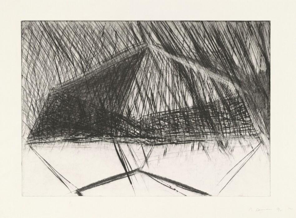 The image shows intersecting and overlapping lines that converge to create an abstract composition. The lines are predominantly diagonal and create a sense of movement and depth. The central dark area is surrounded by a lighter background.
