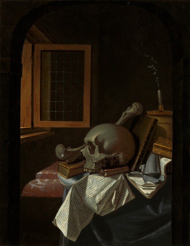 A human skull, a large bone, books, papers, and a snuffed out, smoking candle are arranged on a marble tabletop near an open window in a darkened room in this vertical still life painting. The color palette is dominated by muted gray, slate blue, ivory white, and tawny brown. Near the bottom center of the composition, the skull faces our left in profile and rests on two small, leather-bound books and papers with illegible black printing. The large bone, a thighbone, is propped up behind the skull on a taller book at the back of the skull. More books, papers, and a box are piled to the right. A brass candlestick with a flat, shallow, dish-like base rests on the box along the right side of the composition, above the skull. The end of the candlewick glows red and a wisp of smoke wafts up. The brick red of the marble tabletop is veined with gray and white, and black fabric drapes down off the right side of the table. The objects fill the lower half of the composition and are lit by light coming in through a window to our left. The wooden window frame swings inward, into the room, and has small, leaded panes. The background is deep in black shadow.