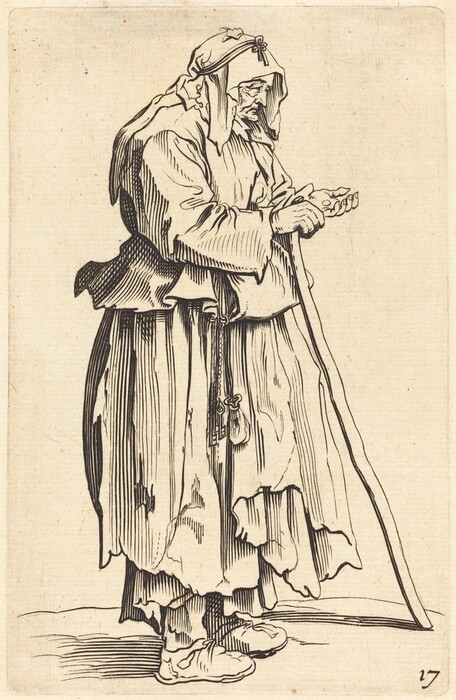 The image shows an older person standing in profile facing the right side. They are slightly hunched forward, holding a long walking stick in one hand and an object in the other. The person has detailed facial features, a head covering, and is dressed in layered clothing with a pouch hanging from their waist. The background is plain.