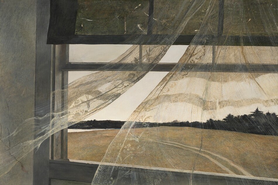 An open window with semi-transparent curtains blowing in the breeze looking out onto an empty field with trees in the background.