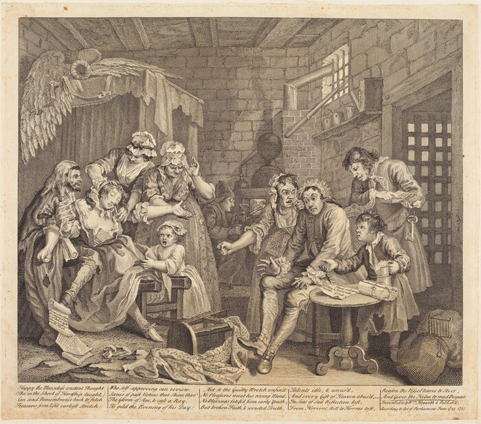 The engraving depicts multiple figures in an interior setting. In the center, a woman reclines towards the left on a wooden bench or pew. Beside her, another woman assists a child. A child with curly hair sits nearby, interacting with the scene. To the right, a man gestures while a woman engages him. On the far right, figures engage in conversation. Household objects clutter the scene, with a wall and window in the background.