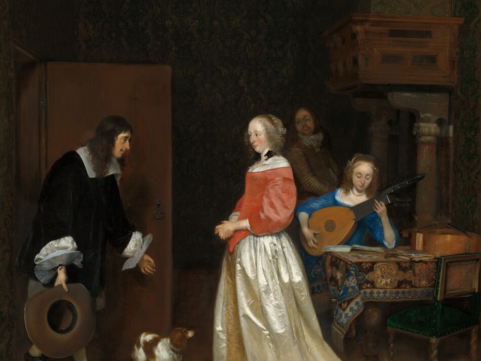 A man bows to a woman as another man looks on from the shadowy background, while a woman sitting at a table plays a lute in this vertical painting. All the people have pale skin. The bowing man enters from an open door to our left. He faces our right in profile and has a bumped nose, a dark mustache, and his brown hair falls loosely over his shoulders. He wears a voluminous, black jacket that has a wide white collar and flat, plate-like, starched white cuffs. He bends forward with one foot stretched in front of him, as he gazes at the woman to our right. His hands are spread wide. His left forefinger and thumb touch to make an O shape, and he holds a wide-brimmed, black hat in his right hand, closer to us. At the center of the composition, the woman wears a dress with a coral-pink bodice and a cream-white satin skirt trimmed with gold down the front and around the hem. She faces our left in profile and looks at the man, her cheeks flushed. Her eyebrows are slightly raised over dark eyes, and she has a straight nose and the hint of a double chin. Her blond hair is pulled back under a lace covering, and curls frame her face. A black ribbon is tied into a bow at the shoulder closer to us. A brown and white dog, about knee-high, stands between the man and woman. To our right, a young woman sits at the far side of a table playing a lute. She wears a sapphire-blue dress and looks down at her instrument. One elbow is propped on the patterned rug that covers the table. A second instrument, perhaps a cello, lies on the table, and a wooden chair with a pine-green upholstered seat has been pulled up to our side of the table. Almost lost in the shadows at the back of the room between the two women, a man with a goatee and wearing a brown jacket and trousers stands with his body angled to our right as he looks over his shoulder at the couple at the door. He stands in front of a fireplace with an opening so large that the mantle is supported by columns as tall as the man.