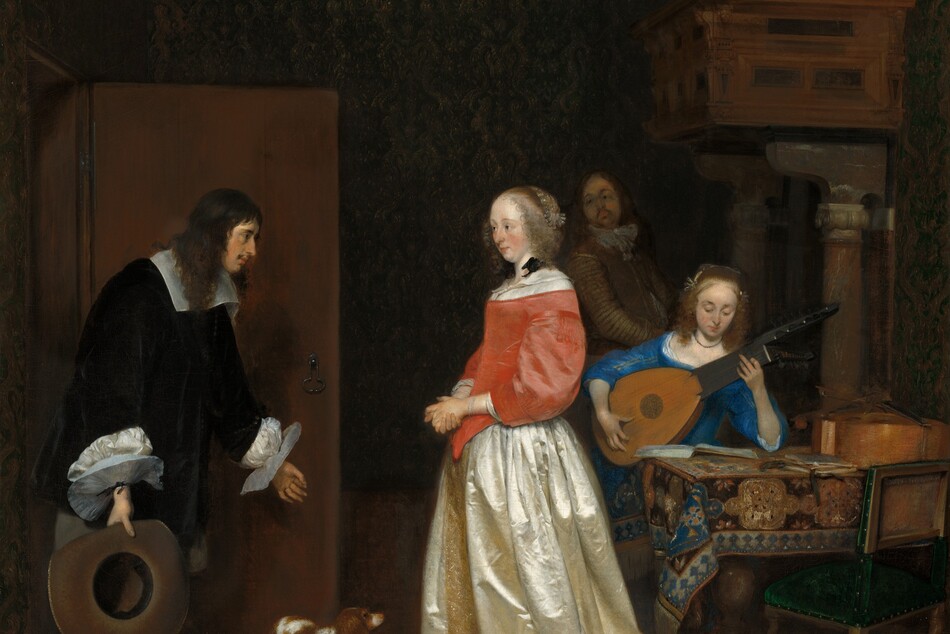 A man bows to a woman as another man looks on from the shadowy background, while a woman sitting at a table plays a lute in this vertical painting. All the people have pale skin. The bowing man enters from an open door to our left. He faces our right in profile and has a bumped nose, a dark mustache, and his brown hair falls loosely over his shoulders. He wears a voluminous, black jacket that has a wide white collar and flat, plate-like, starched white cuffs. He bends forward with one foot stretched in front of him, as he gazes at the woman to our right. His hands are spread wide. His left forefinger and thumb touch to make an O shape, and he holds a wide-brimmed, black hat in his right hand, closer to us. At the center of the composition, the woman wears a dress with a coral-pink bodice and a cream-white satin skirt trimmed with gold down the front and around the hem. She faces our left in profile and looks at the man, her cheeks flushed. Her eyebrows are slightly raised over dark eyes, and she has a straight nose and the hint of a double chin. Her blond hair is pulled back under a lace covering, and curls frame her face. A black ribbon is tied into a bow at the shoulder closer to us. A brown and white dog, about knee-high, stands between the man and woman. To our right, a young woman sits at the far side of a table playing a lute. She wears a sapphire-blue dress and looks down at her instrument. One elbow is propped on the patterned rug that covers the table. A second instrument, perhaps a cello, lies on the table, and a wooden chair with a pine-green upholstered seat has been pulled up to our side of the table. Almost lost in the shadows at the back of the room between the two women, a man with a goatee and wearing a brown jacket and trousers stands with his body angled to our right as he looks over his shoulder at the couple at the door. He stands in front of a fireplace with an opening so large that the mantle is supported by columns as tall as the man.