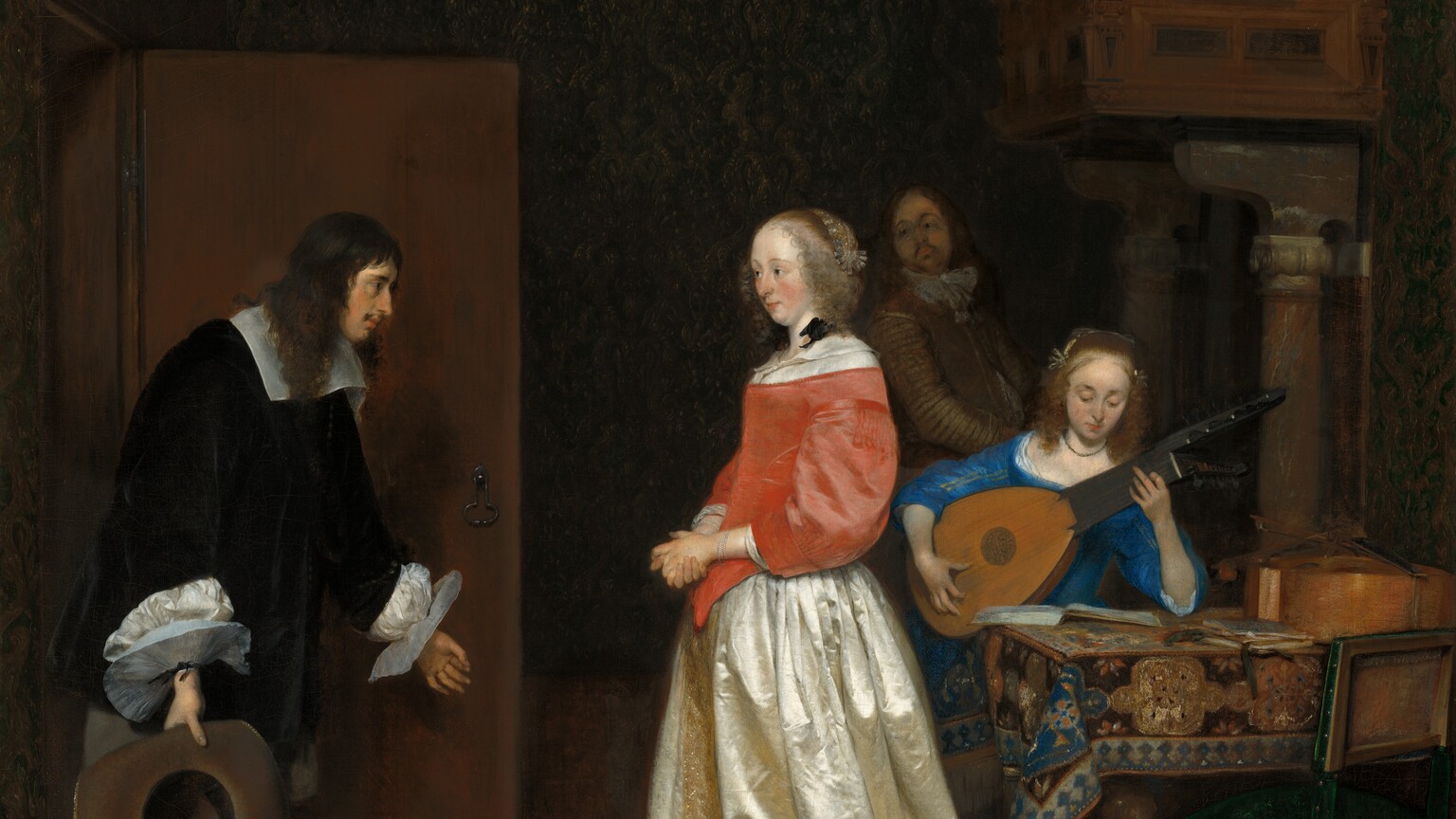 A man bows to a woman as another man looks on from the shadowy background, while a woman sitting at a table plays a lute in this vertical painting. All the people have pale skin. The bowing man enters from an open door to our left. He faces our right in profile and has a bumped nose, a dark mustache, and his brown hair falls loosely over his shoulders. He wears a voluminous, black jacket that has a wide white collar and flat, plate-like, starched white cuffs. He bends forward with one foot stretched in front of him, as he gazes at the woman to our right. His hands are spread wide. His left forefinger and thumb touch to make an O shape, and he holds a wide-brimmed, black hat in his right hand, closer to us. At the center of the composition, the woman wears a dress with a coral-pink bodice and a cream-white satin skirt trimmed with gold down the front and around the hem. She faces our left in profile and looks at the man, her cheeks flushed. Her eyebrows are slightly raised over dark eyes, and she has a straight nose and the hint of a double chin. Her blond hair is pulled back under a lace covering, and curls frame her face. A black ribbon is tied into a bow at the shoulder closer to us. A brown and white dog, about knee-high, stands between the man and woman. To our right, a young woman sits at the far side of a table playing a lute. She wears a sapphire-blue dress and looks down at her instrument. One elbow is propped on the patterned rug that covers the table. A second instrument, perhaps a cello, lies on the table, and a wooden chair with a pine-green upholstered seat has been pulled up to our side of the table. Almost lost in the shadows at the back of the room between the two women, a man with a goatee and wearing a brown jacket and trousers stands with his body angled to our right as he looks over his shoulder at the couple at the door. He stands in front of a fireplace with an opening so large that the mantle is supported by columns as tall as the man.