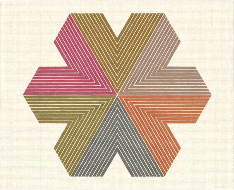 Printed on cream-white paper, a geometric shape with six arms radiating symmetrically and equally from the center form a star-like pattern in this almost square color lithograph. Six V-shaped wedges printed in a single color each meet to make the arms like a piece of paper folded and cut into a snowflake. Moving clockwise around the star the wedges are olive green at noon, taupe from one to three o’clock, burnt orange and then slate blue at six. The olive green repeats from seven to nine o’clock and next is fuchsia pink. Each wedge is lined with nested white Vs. The artist signed the lower right corner of the paper with graphite, “AP VI F. Stella ’67.”