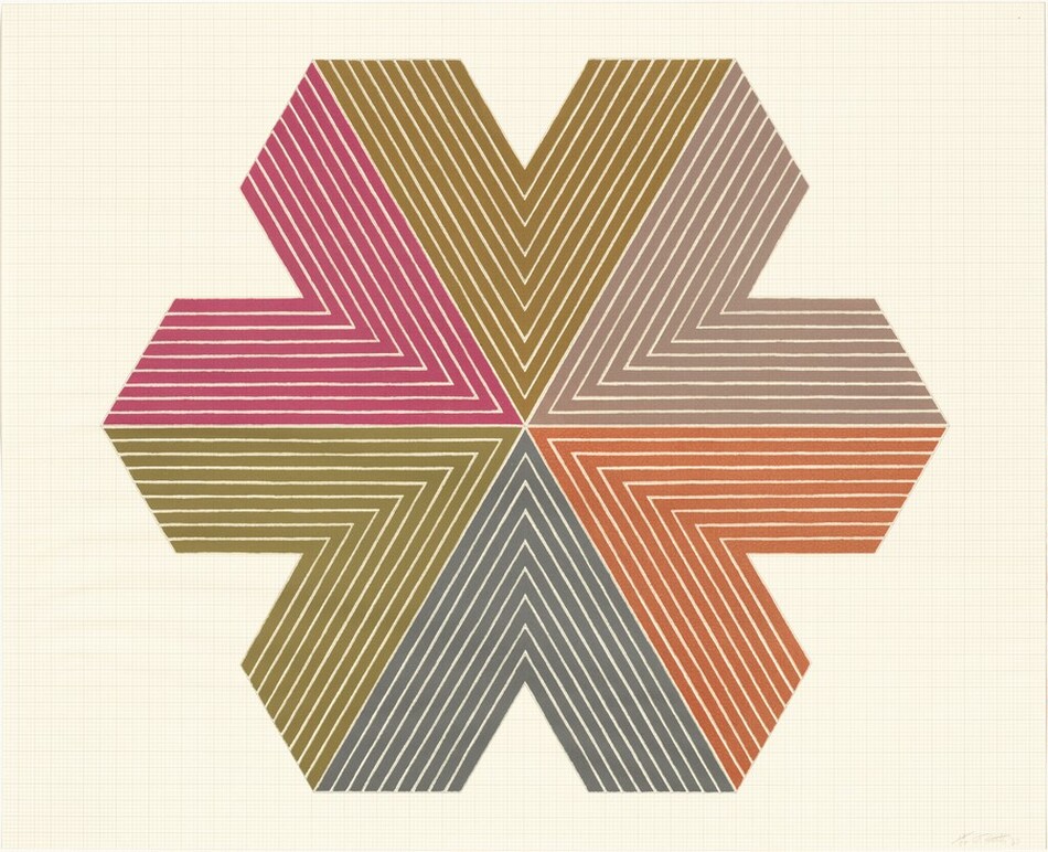 Printed on cream-white paper, a geometric shape with six arms radiating symmetrically and equally from the center form a star-like pattern in this almost square color lithograph. Six V-shaped wedges printed in a single color each meet to make the arms like a piece of paper folded and cut into a snowflake. Moving clockwise around the star the wedges are olive green at noon, taupe from one to three o’clock, burnt orange and then slate blue at six. The olive green repeats from seven to nine o’clock and next is fuchsia pink. Each wedge is lined with nested white Vs. The artist signed the lower right corner of the paper with graphite, “AP VI F. Stella ’67.”